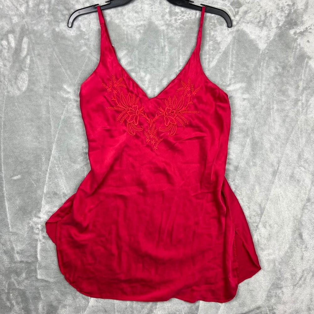 Vintage Victoria's Secret Gold Label 100% Silk Red Floral Embroidered Chemise M